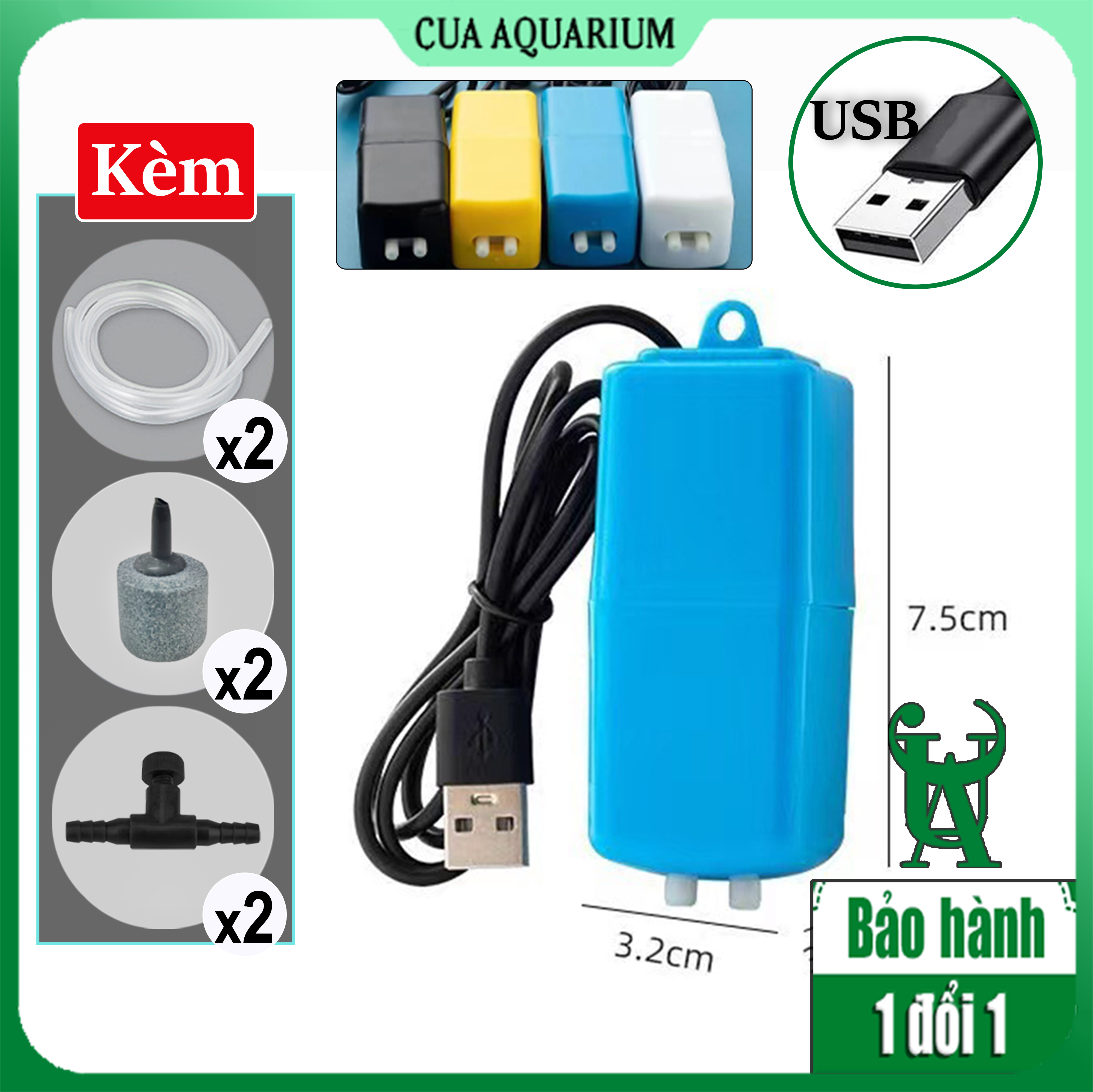 Máy sủi oxy mini USB 2 vòi sục khí bể cá