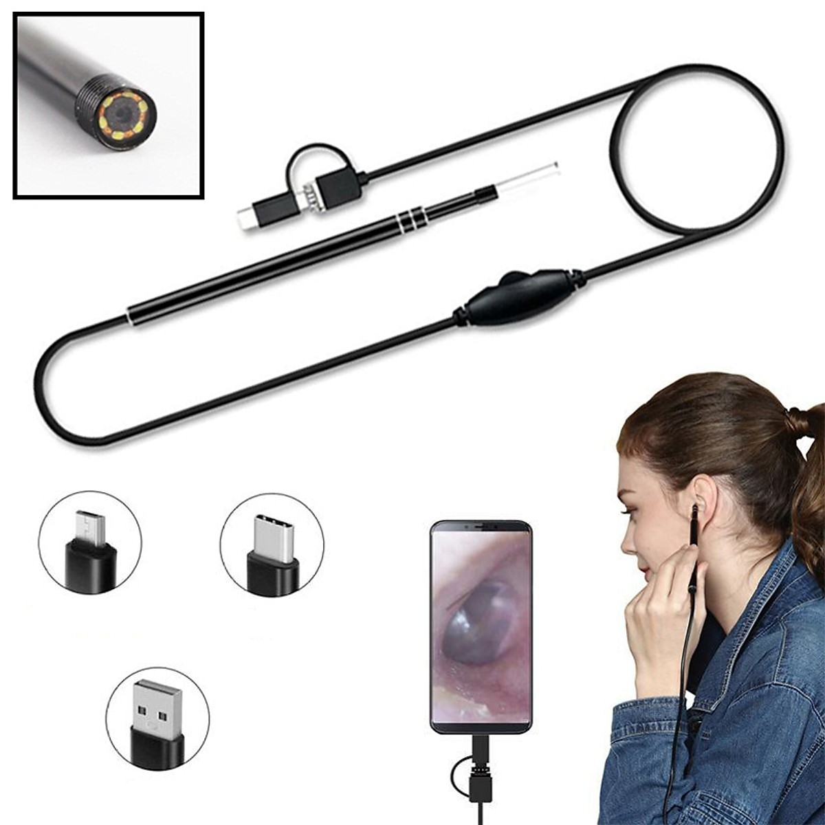 Camera nội soi siêu nhỏ 5.5 mm, Camera nội soi y tế soi tai, mũi, họng kiêm Máy lấy ráy tai HD Visual Earwas Clean Tool cho hình ảnh sắc nét, sử dụng cực dễ ( hỗ trợ điện thoại android)