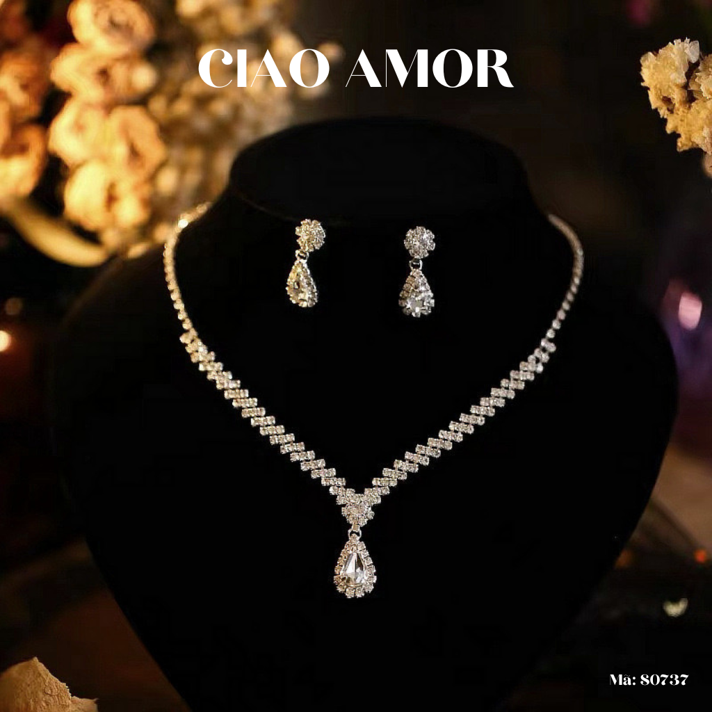 Set vòng cổ Choker đá, Khuyên tai nữ hạt hoa đá dự tiệc Trang sức Ciao Amor - MS0897