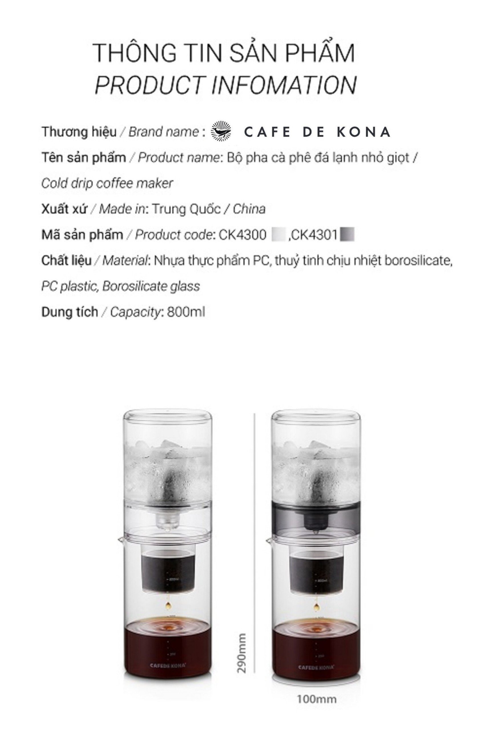 Bộ pha cà phê đá lạnh Cold Drip hình trụ 800ml Cafede Kona