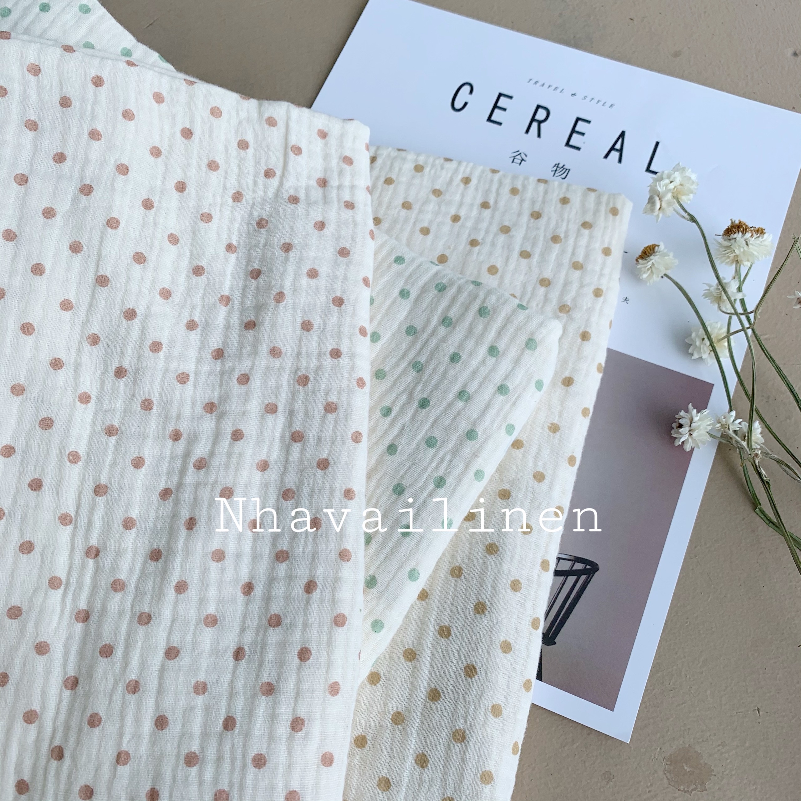 [HCM]Xô muslin chấm bi xanh đậu