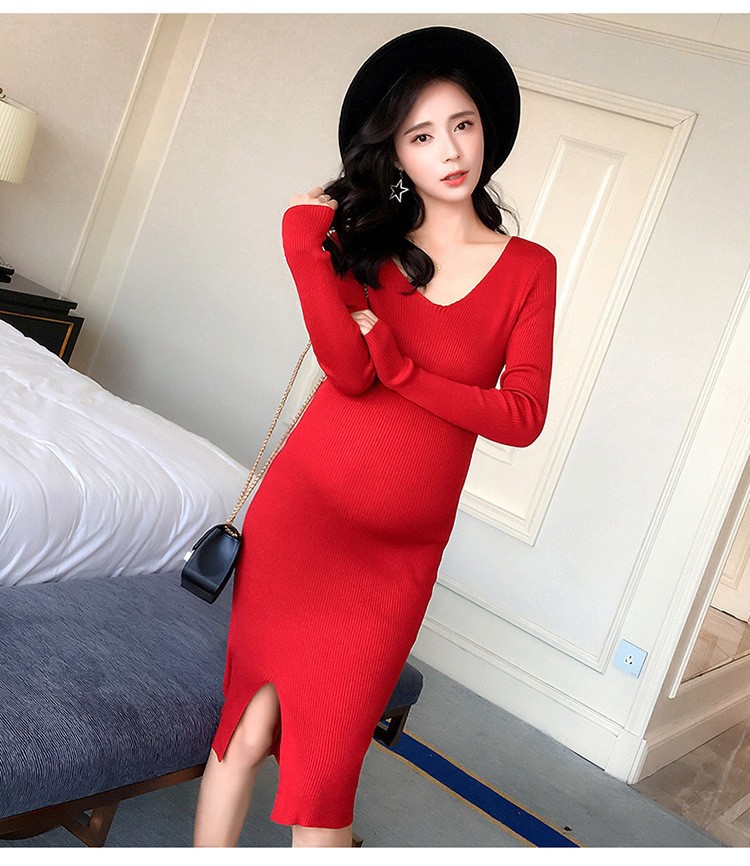 Đầm Bầu Thu Đông - Váy Len Ôm Cổ Tim (Đen)