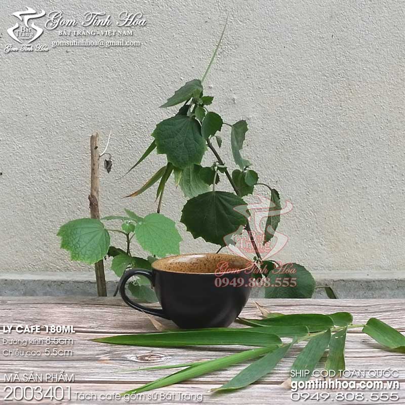 Ly tách uống trà cafe 180ml men đen lòng gốm