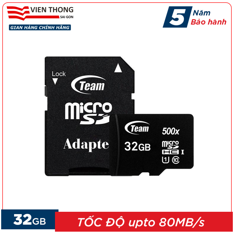 Thẻ nhớ 32GB micro SDHC Team 500x upto 80MB/s class 10 kèm Adapter (Đen) - Hãng phân phối chính thức