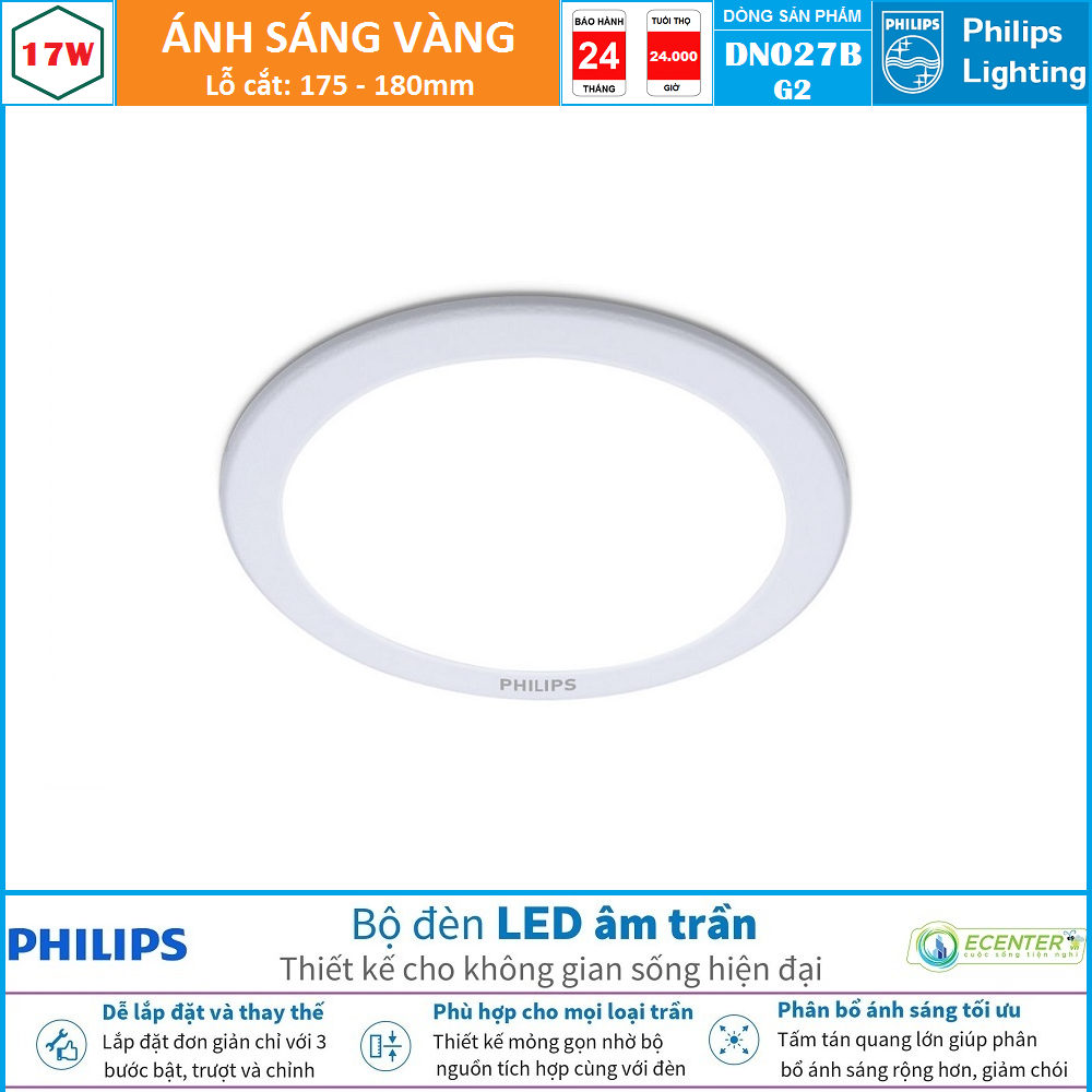 Đèn Led Âm trần 17W Philips Downlight DN027B G2 LED15 D175 ( Ánh Sáng Vàng & Trung Tính & Trắng )
