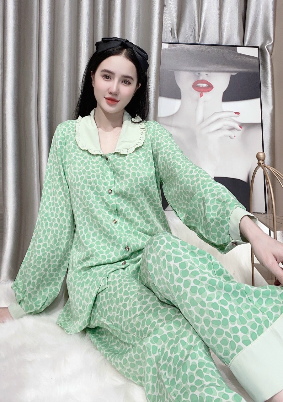 Đồ bộ pijama tay dài- quần dài bi xanh chất mango
