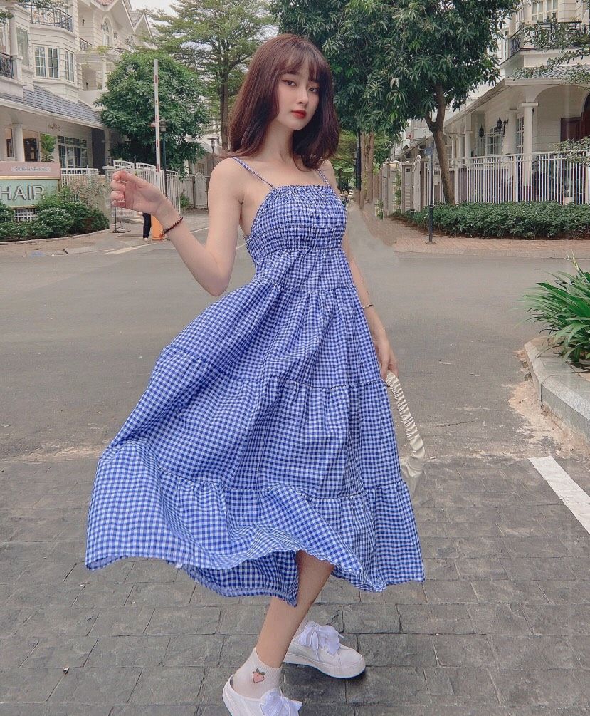 Váy babydoll 2 dây kẻ xanh , Đầm babydoll kẻ xanh dáng dài thời trang AD112