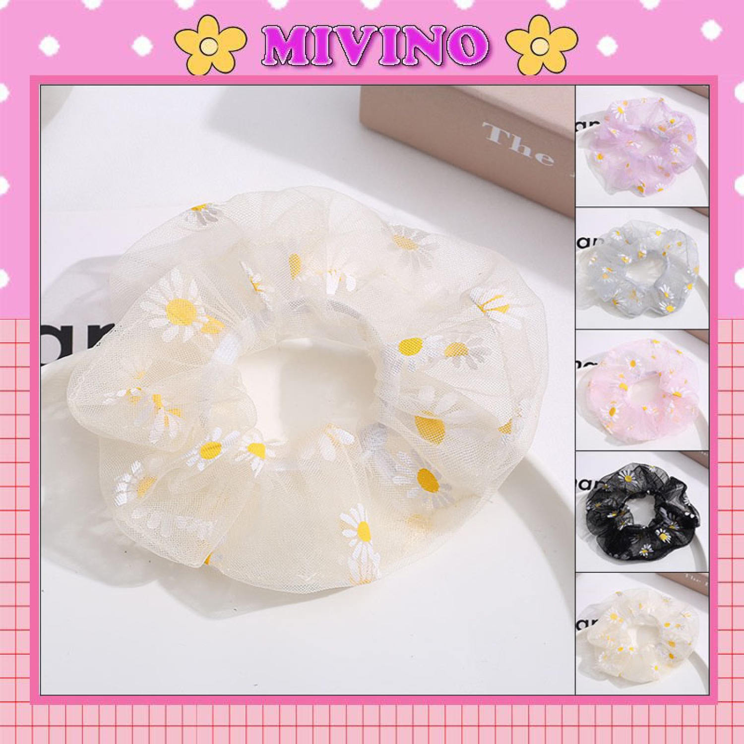 Cột tóc vải scrunchies họa tiết hoa cúc trong suốt sc02