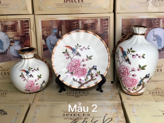 Bộ 3 đĩa bình gốm sứ hút lộc decor siêu xinh