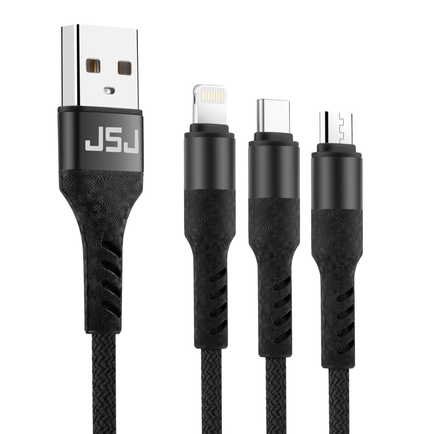 Cáp sạc nhanh 3 đầu (Type-C, Micro USB, Lightning) 3.0A JSJ USB-233 dài 1.2m