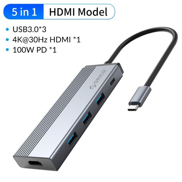 Bộ Hub chuyển đổi chia cổng 5 trong 1 Orico USB type C kép sang HDMI USB 3.0 dành cho Macbook Pro