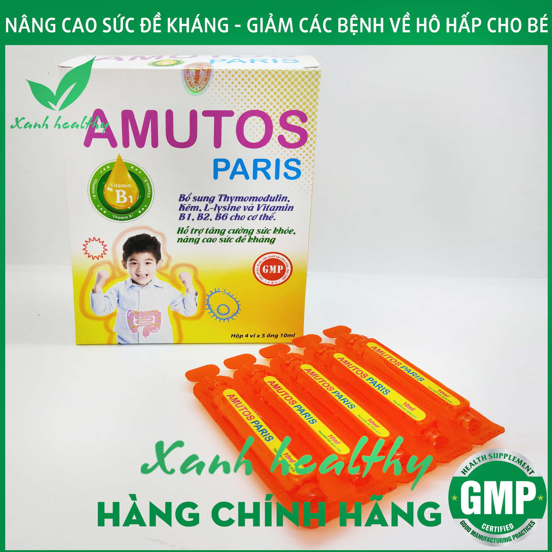 Siro AMUTOS Paris - Hàng chĩnh hãng - tăng đề kháng cho bé - Bổ sung Thymomodulin, Taurin, kẽm, vitamin - giảm nguy cơ mắc bệnh hô hấp, mũi, họng cho bé - Hộp 20 ống 10ml