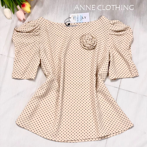 Áo kiểu nữ cổ tròn họa tiết chấm bi thời trang