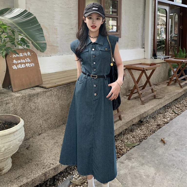 Đầm denim dáng rộng thời trang nữ 2024 mới eo giảm béo sang trọng váy dài chữ A