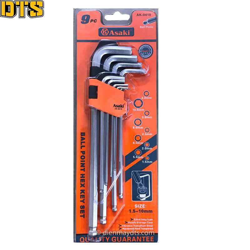 Bộ lục giác đầu bi dài hệ mét 9 chi tiết asaki ak-0410