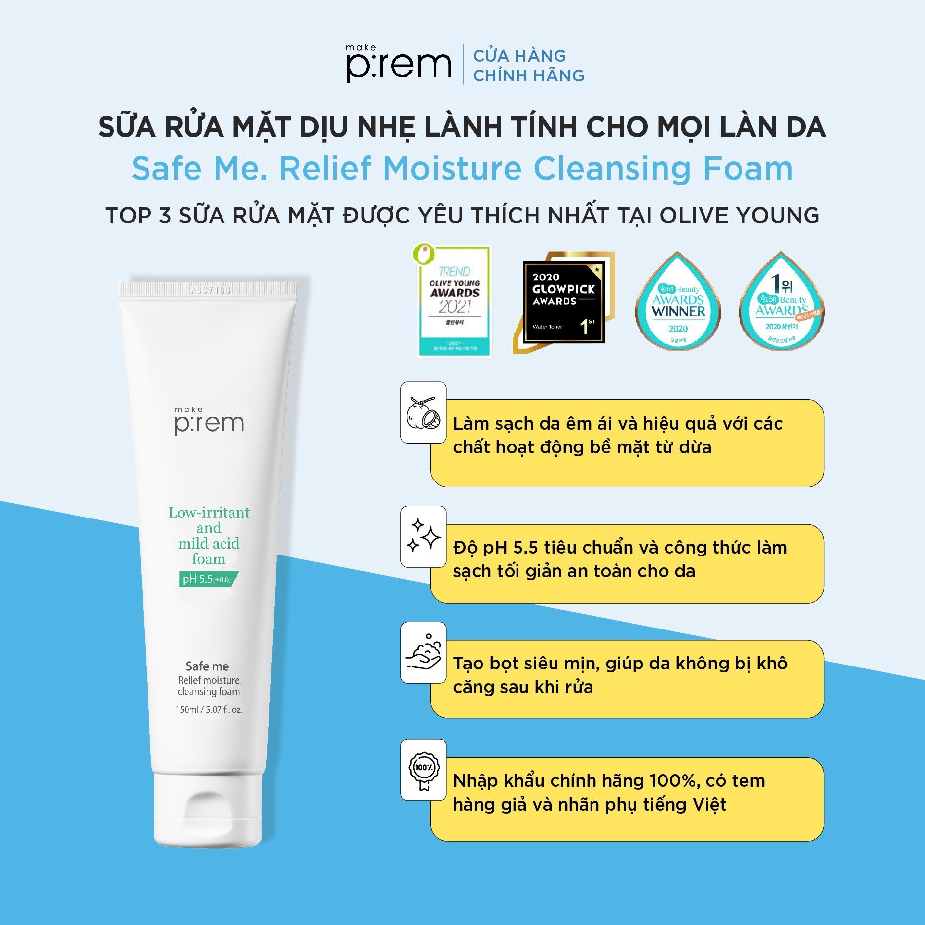 Sữa rửa mặt Make p:rem Safe me. Relief Moisture Cleansing Foam 150ml