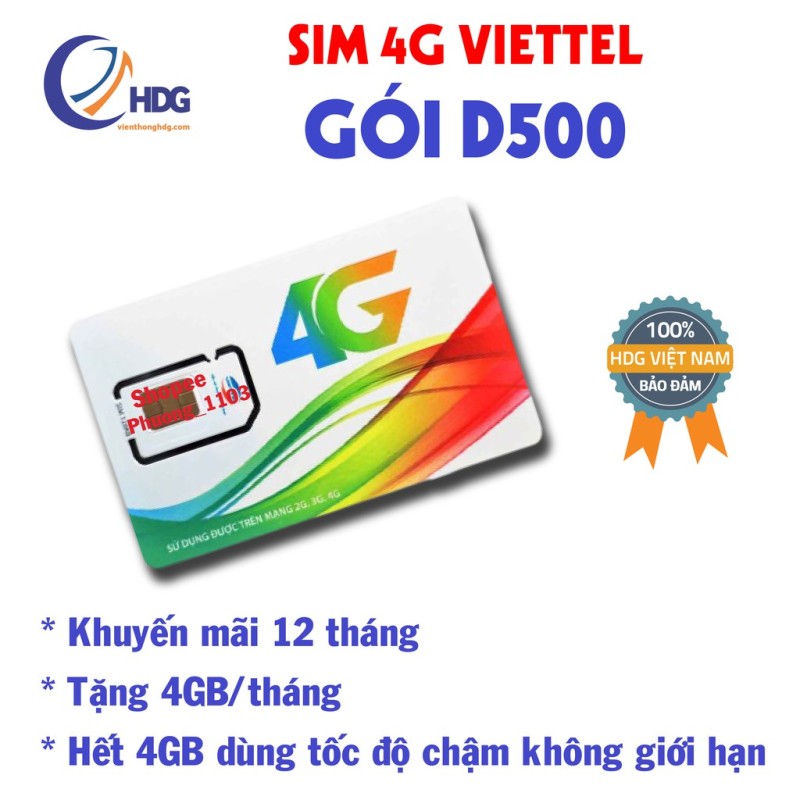 Sim 4g viettel D500 trọn gói 4gb/tháng/12 tháng không cần nạp thẻ - Viễn Thông HDG