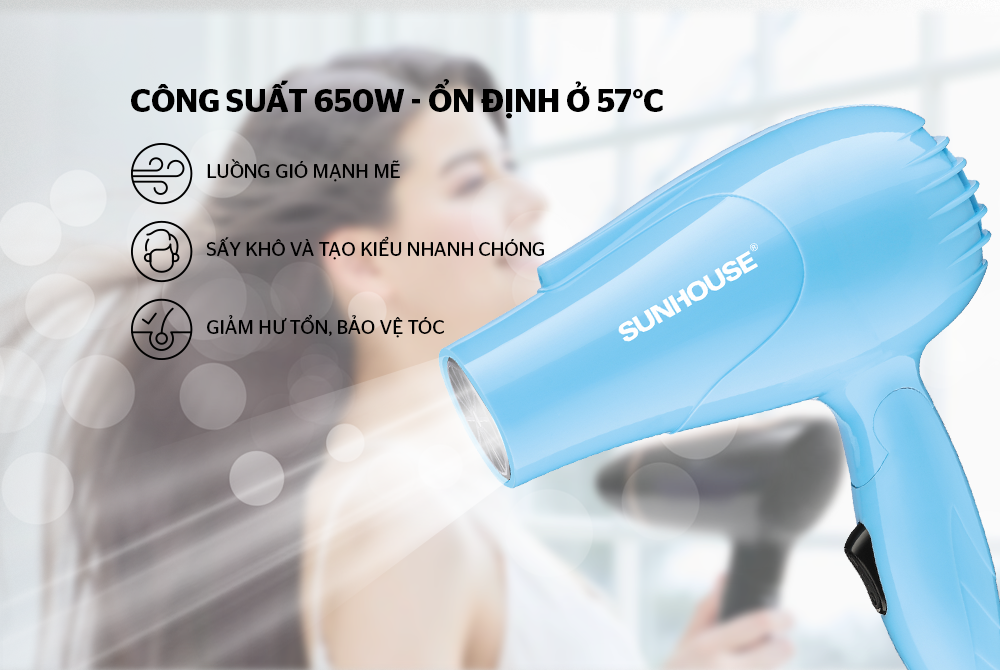 Máy Sấy Tóc SUNHOUSE SHD2305 Xanh (650W - 1 CHẾ ĐỘ SẤY NÓNG)