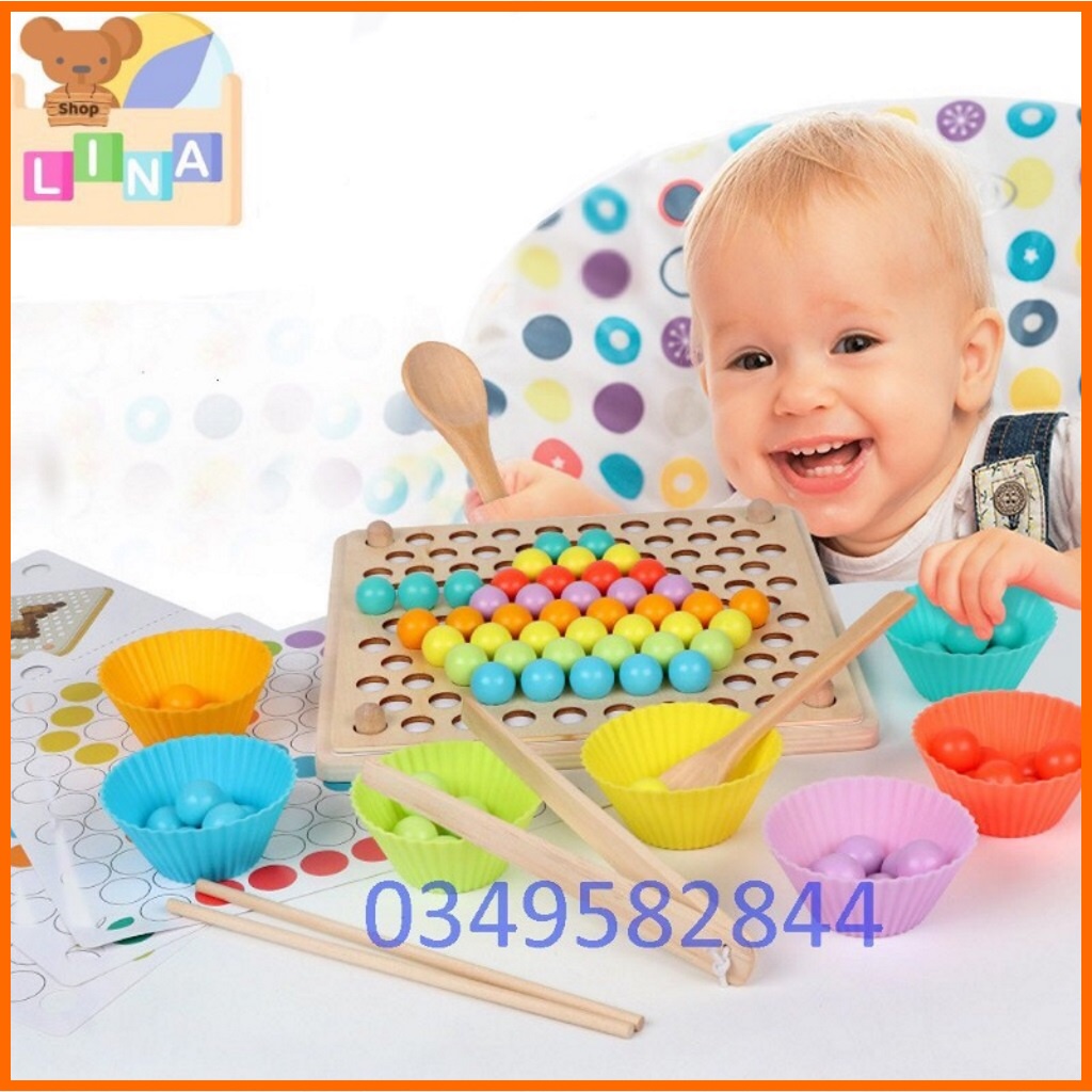 Đồ chơi gắp bi gỗ montessori, bộ gắp hạt kèm bát kích thích sáng tạo cho bé