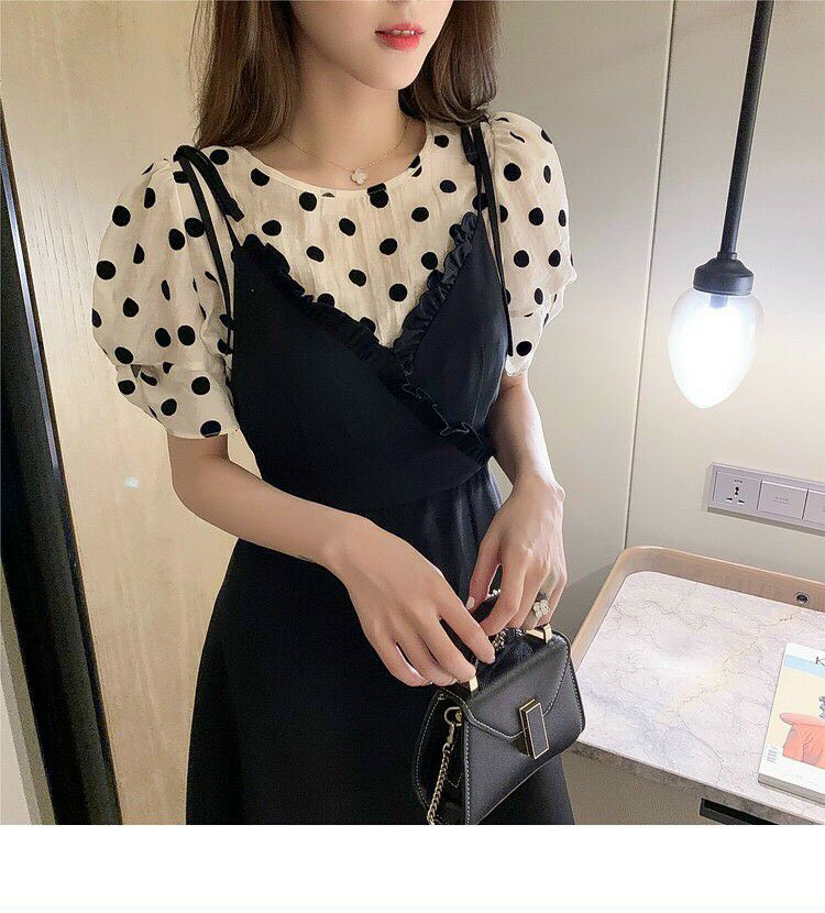 [HCM]Set đầm yếm kèm áo chấm bi