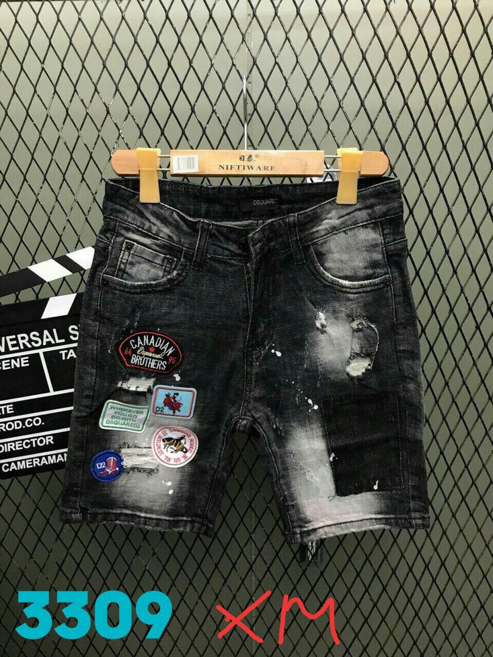 Quần short jean nam màu xám than wash trắng nhẹ thêu LOGO hàng 3309