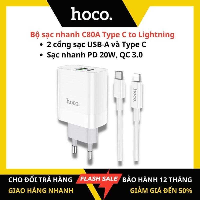 [Chính hãng HOCO] Bộ sạc nhanh iphone Hoco C80A Type C to Lightning sạc nhanh PD20W Q.C3.0A 2 cổng (USB-A và Type C) cáp Type C to Lightning dài 1m cho iPhone 11 pro, Iphone 12, ipad – KAMTrading