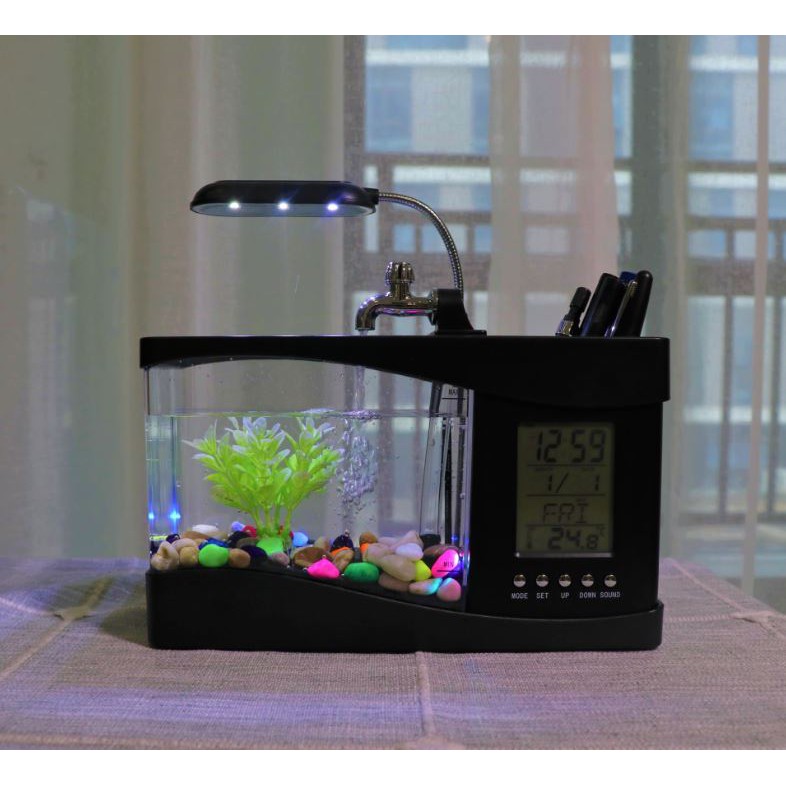 Bể Cá Mini Kiêm Đồng Hồ Để Bàn Và Hộp Đựng Đồ (có tặng kèm đá và cây cảnh)