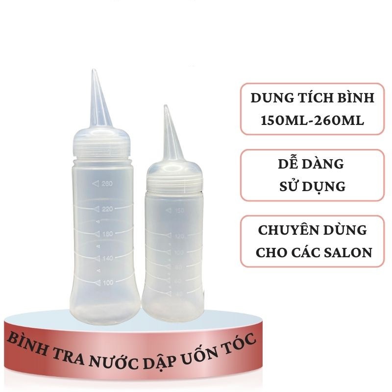 Bình châm thuốc nhỏ gọn, có vạch chia, nhựa dẽo, dùng tra thuốc uốn tóc, dập tóc