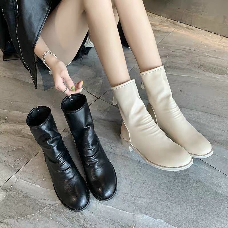 bốt nữ cổ cao da nhăn phá cách đế độn nhẹ 2 màu