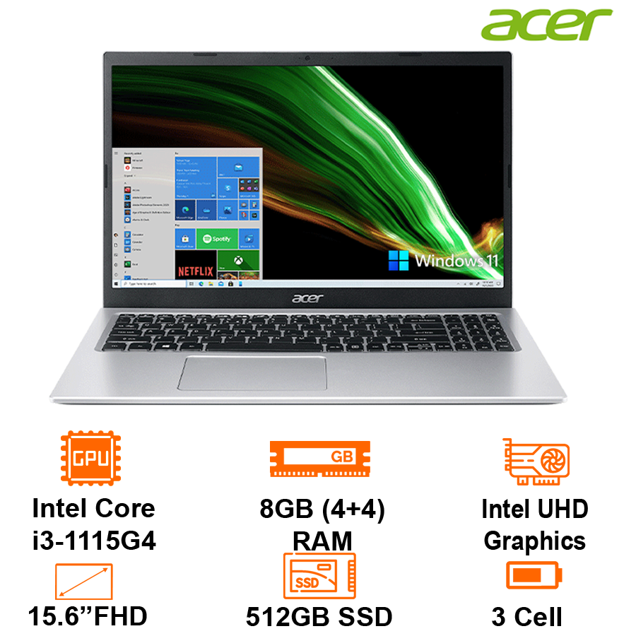 Laptop Acer Aspire 3 a315-58-358e-Intel Core i3-1115g4/8GB(4on + 4)/512GB SSD + 1 m. 2 + 1 2.5/15.6 "FHD/BT4/Win11H/pure silver-warranty 12 months genuine safety Mart official