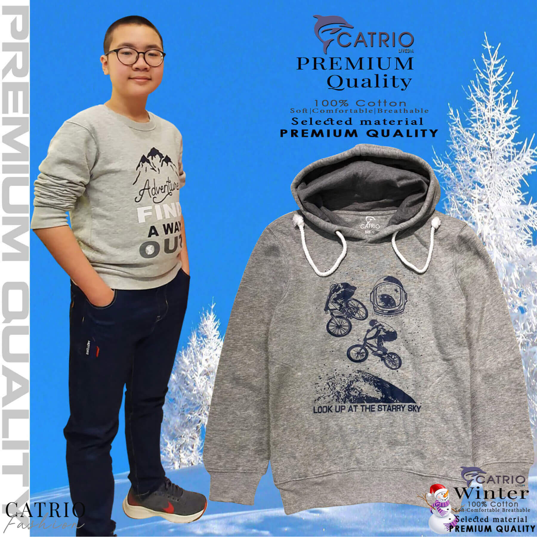 ÁO HOODIES TRẺ EM CATRIO HÌNH XE ĐẠP BAY LÀ ÁO THUN CHUI ĐẦU VẢI 100% COTTON DỆT KIỂU DA CÁ CÀO BÔNG DÀY VÀ ẤM, ÁO NỈ CÓ MŨ CHO BÉ TRAI TỬ 9 TUỔI 32KG .. 18 TUỔI 70KG THUỘC BST QUẦN ÁO TRẺ EM CATRIO MÙA THU ĐÔNG NĂM