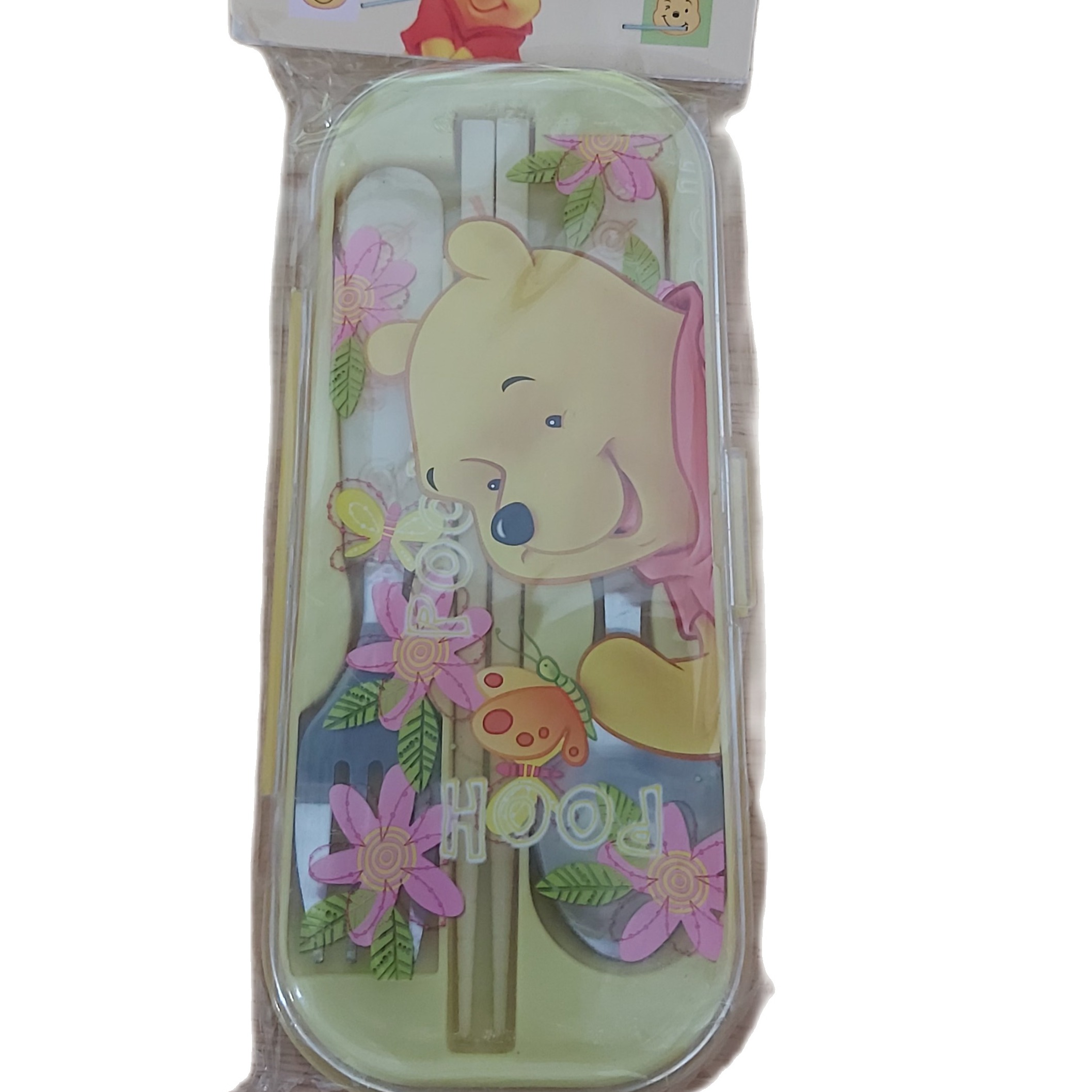 Set chopsticks spoon Fork with box painting tiêt đoremon, yellow bear, Kitty for children