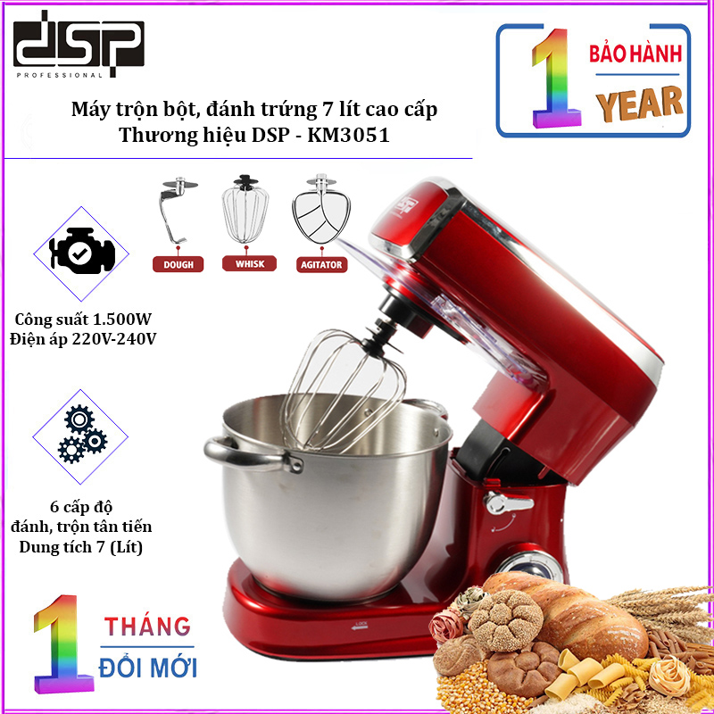 Máy trộn bột, đánh trứng 7 lít cao cấp DSP KM3051 công suất 1500W trộn tối đa 2,6kg bột - BẢO HÀNH 12 THÁNG