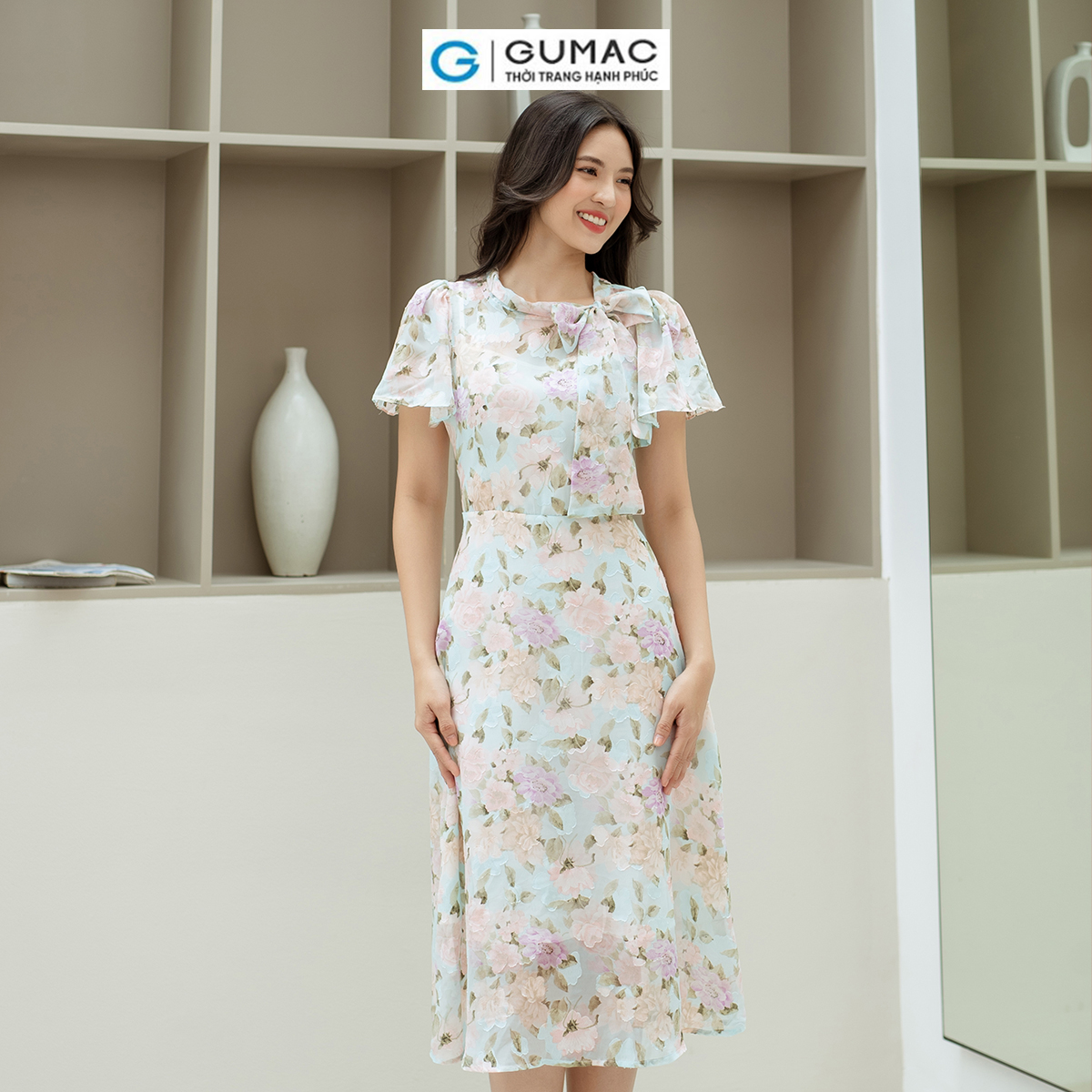 Đầm phom a nữ gumac dd09049 tay loe kiểu phối cổ thắt nơ