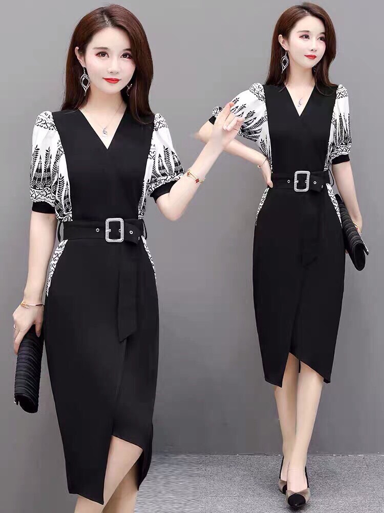 ĐẦM LỤA CỔ V TAY VOAN CAO CẤP . QC255733