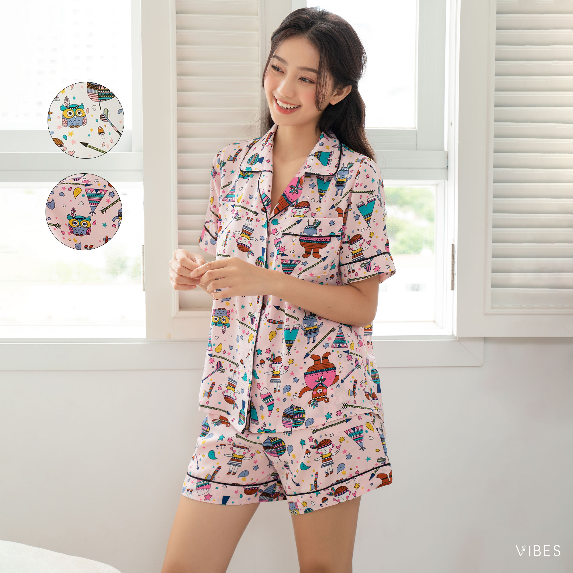 Vibes Women's Home Wear Set: Mango Silk Short Pajamas with Many Patterns, Cool and Lightweight Material, No Wrinkles.