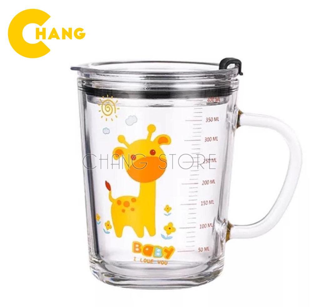 Ly Pha Sữa Thủy Tinh Chia Vạch 350ml  ,Cốc Thủy Tinh Chia Vạch Có Nắp Đậy Và Ông Hút Tiện Lợi Cho Bé