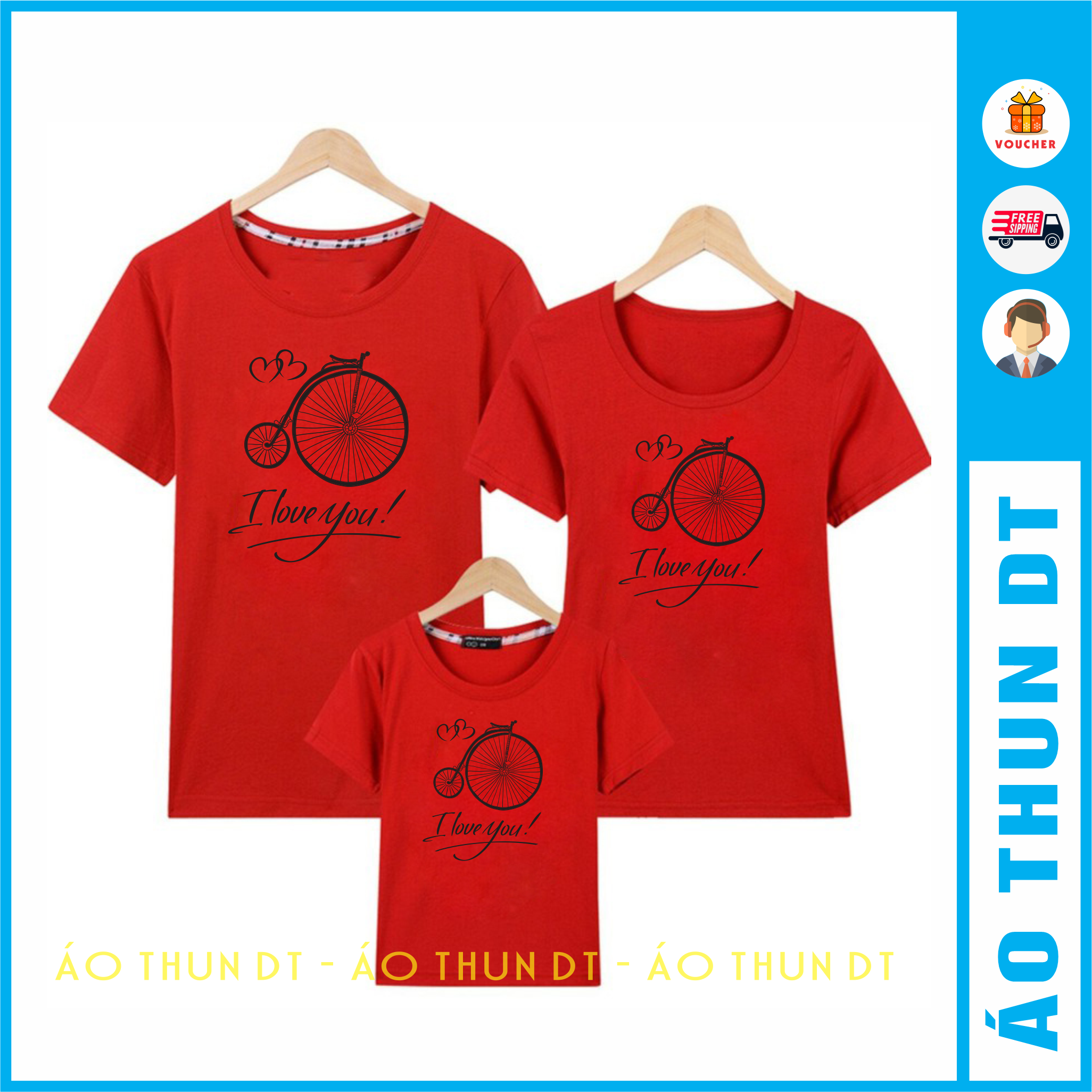 Áo gia đình in hình xe đạp I Love You - Màu đỏ