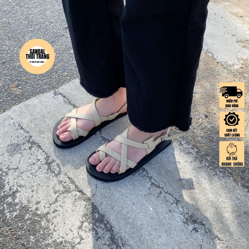 [MIỄN PHÍ SHIP]Giày sandal xỏ ngón quai chéo A101 Màu Be Sandal nữ đi học full size 30-44 Nam nữ