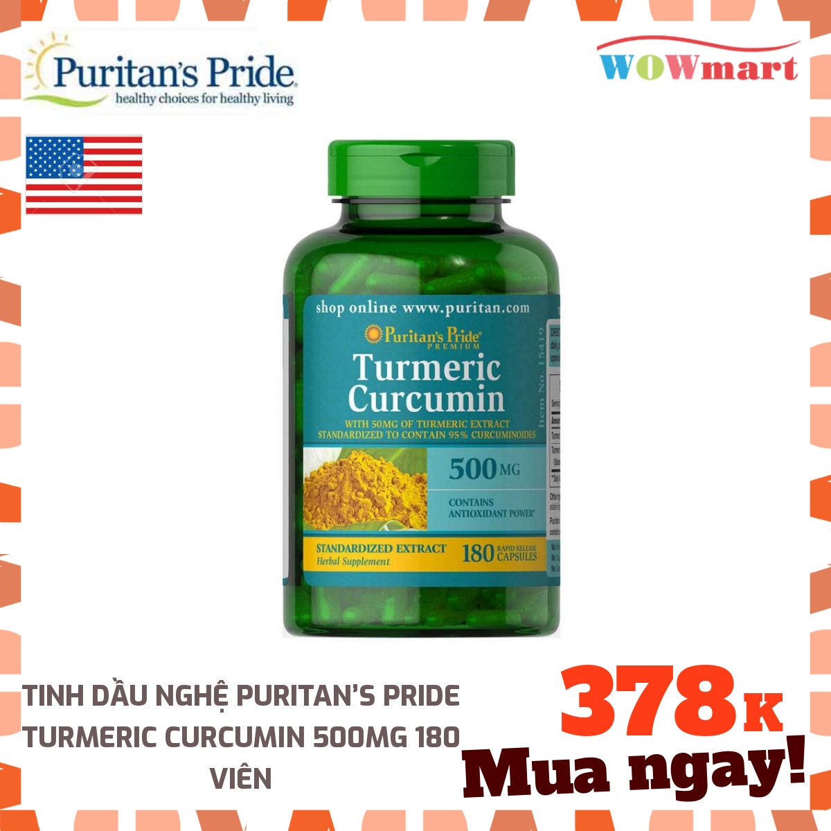 [HCM]Tinh chất Puritan’s Pride Turmeric Curcumin 500mg 180 viên
