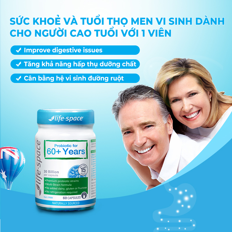 Men vi sinh Úc hỗ trợ tiêu hóa dành cho người lớn tuổi Life Space 60+ Probiotic 60 viên | Lazada.vn