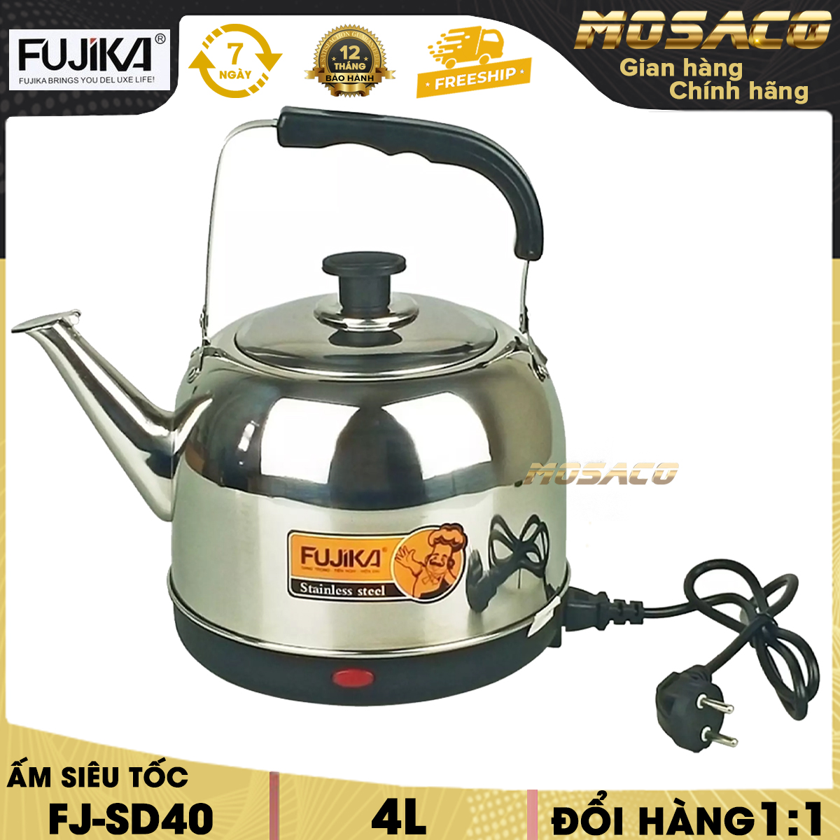 Ấm super speed stainless steel fujika fj-sd40 4L. Ấm power 1500W body material ấm stainless steel heat radiating more water cook boil faster than normal, warranty 12 months genuine nationwide, convenience-mosaco