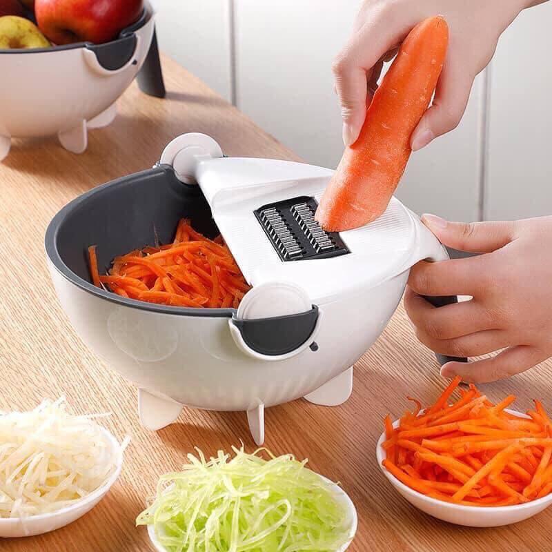 nạo gọt rau củ quả 6 in 1 kèm rổ, quai cầm - Dụng cụ nhà bếp bào sợi, thái lát có nhiều lưỡi dao thay thế tiện dụng, an toàn vệ sinh, tiết kiệm thời gian