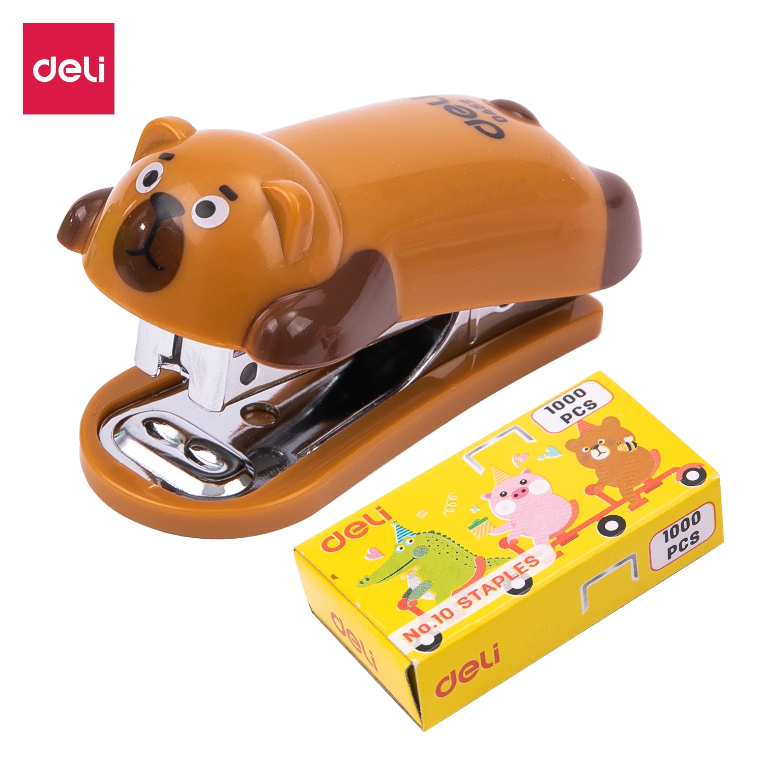 Dập ghim mini #10 DELI hình gấu/heo/cá sấu, kèm hộp đựng ghim - 1 cái - E0452