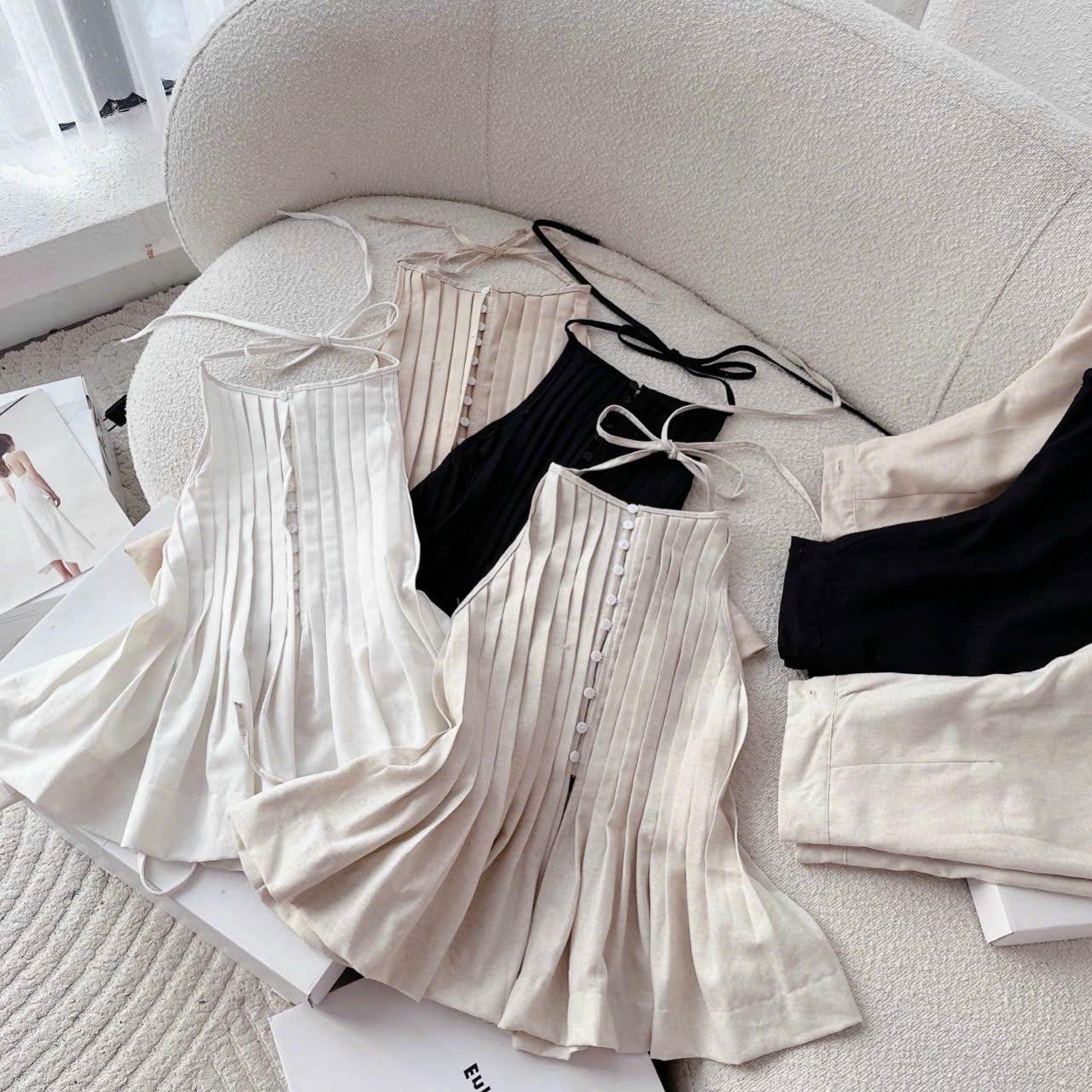 SET ÁO LINEN YẾM CỘT CỔ QUẦN SUÔNG