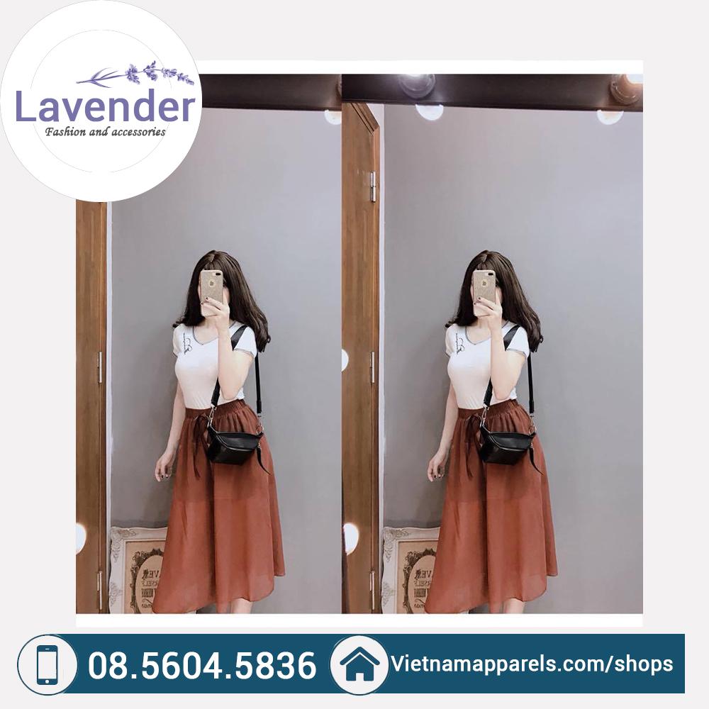 Quần ống rộng giả váy voan nơ lụa 2 lớp
