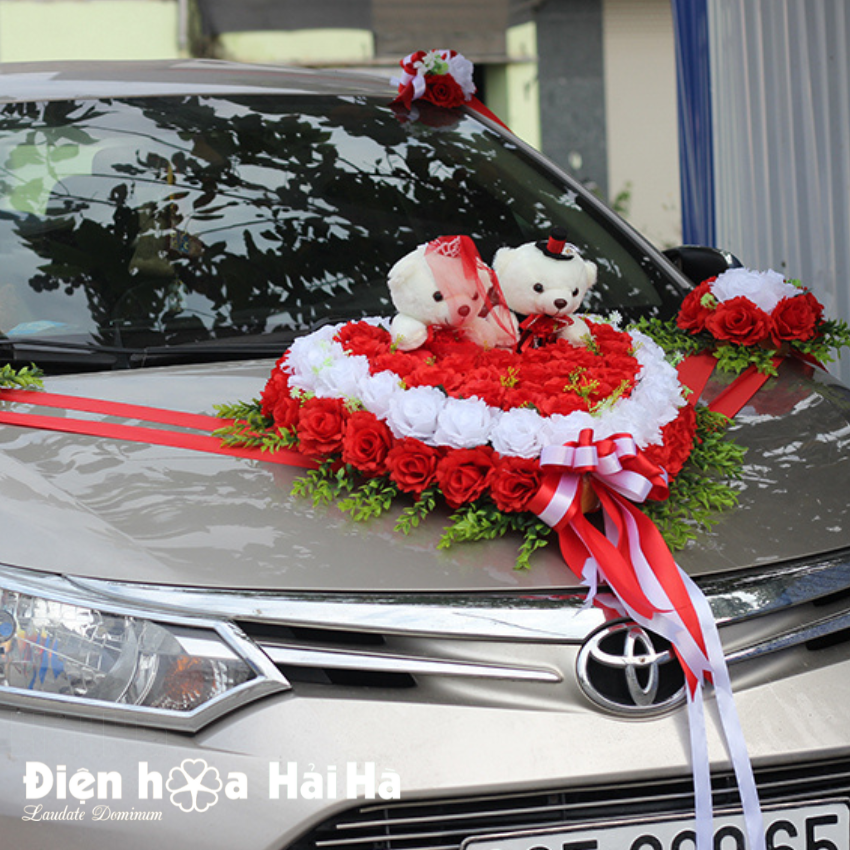 xhg-050 Bộ hoa lụa kết xe cưới hồng đỏ trắng kèm gấu