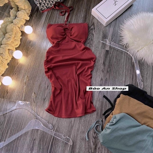 Đầm body 3 khoen gân len from ngắn (có mút )