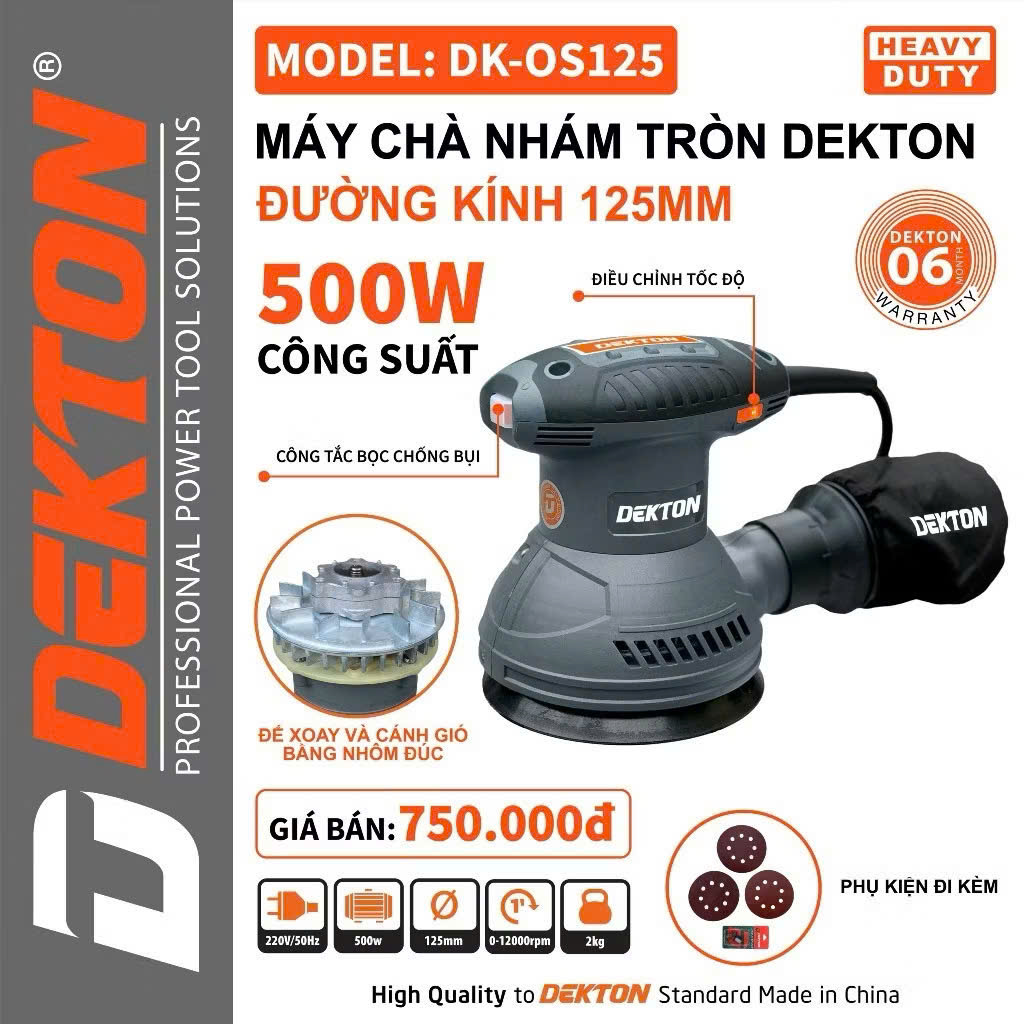 Máy Chà Nhám Tròn 6 Tốc Độ 500W Dekton DK-OS125