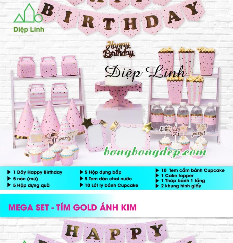 Set Mega Bàn Tiệc Trang Trí Sinh Nhật Dành Cho Bé Ép Kim